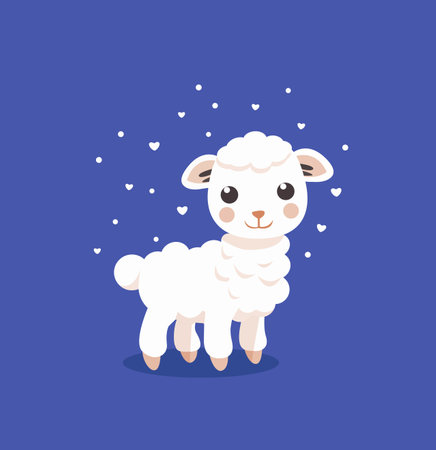 cartoon character white lamb (sheep) with cute hearts on a blue background for children's clothing, coloring book, wallpaper, mascot, logo, postcard, poster, advertisingのイラスト素材