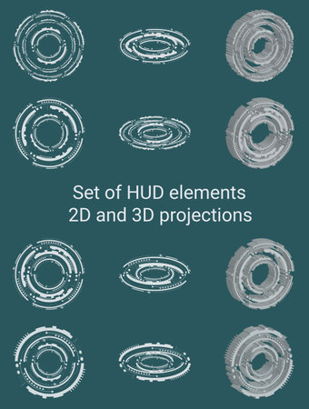 set of HUD elements in 2D and 3D projections for design, websites, diagrams, technologies, cards, invitations, instructions, flyers, project, engineeringのイラスト素材