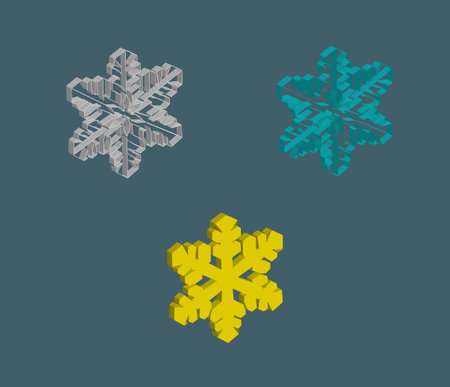 three types of six-pointed snowflakes in 3D projectionのイラスト素材