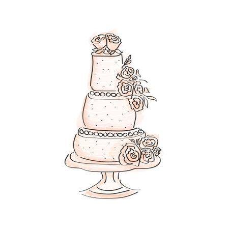three tier cake on a stand in doodle style, wedding, festive with roses and flowers and decorated with beadsのイラスト素材