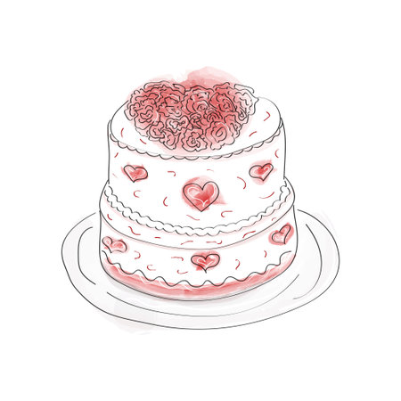 two tier cake with cream, marzipan hearts and mastic flowers on a tray in a watercolor doodle style on white backgroundのイラスト素材