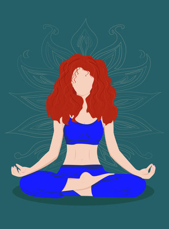 Faceless girl with bright red lush curly hair does yoga, sits in the lotus position in a sports top and pantsのイラスト素材