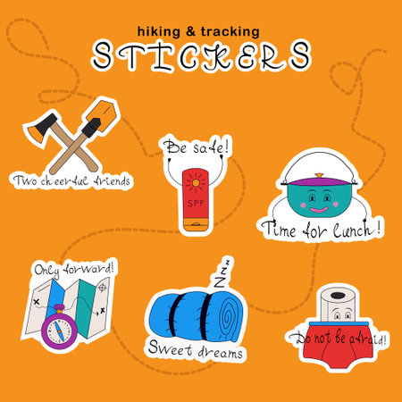 sticker pack on the theme of travel, trekking, hiking in doodle style, y2k, with emotions and motivational inscriptions. For print, social media and clothing prints.のイラスト素材