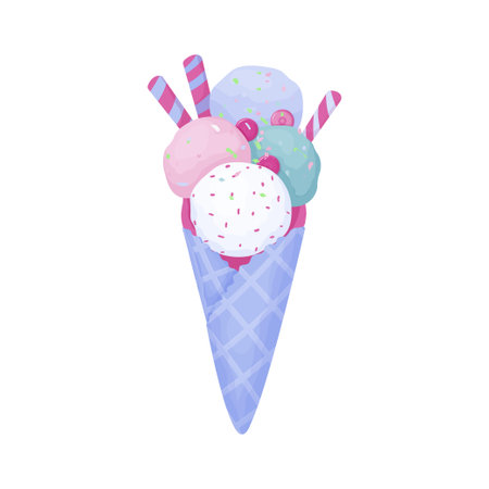 ice cream balls in a waffle cone with caramel, jam and wafer rolls, sprinkles and candiesのイラスト素材