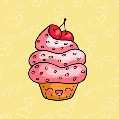 Charming cartoon-style cupcake with a smiling face, vibrant pink frosting, colorful sprinkles, and cherries, set against a cheerful yellow backdrop with heart patternsのイラスト素材