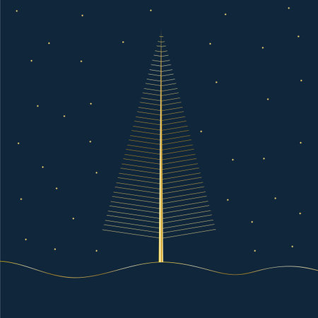 Elegant digital artwork featuring a golden Christmas tree made of thin lines, glowing stars, and a wavy line resembling snow, set against a dark blue background for a festive minimalist vibeのイラスト素材