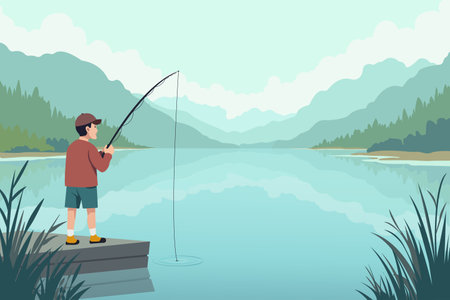 Serene illustration of a boy fishing on a dock by a calm lake, with scenic hills and clear sky. Ideal for themes of childhood, nature, relaxation, and outdoor lifestyle.のイラスト素材