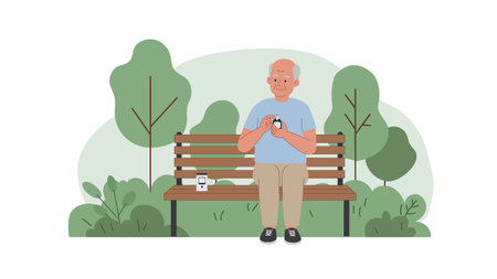 Elderly man checks blood sugar on a park bench in a peaceful nature setting. Soft colors and minimal vector design conveying calmness, health, and self-care.のイラスト素材