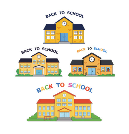 Collection of stylized school buildings with colorful âBack to Schoolâ lettering and fun details. Usage: icons, posters, postcards, cards, maps, websites, social networks, coloring books.のイラスト素材