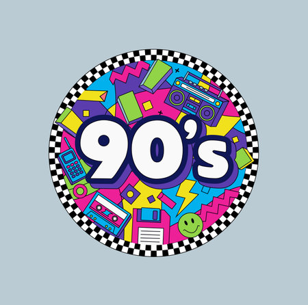 Bright round 1990s aesthetic sticker featuring retro gadgets, geometric patterns, and checkered...