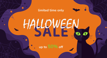Spooky Halloween sale banner featuring a cute black cat with green eyes, bats, cobwebs, and orange background. Perfect template for autumn promotional offer, discount poster, and holiday shopping.