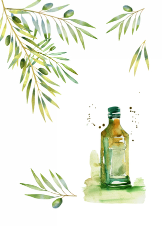 olive branches with bottle olive oil watercolorの写真素材