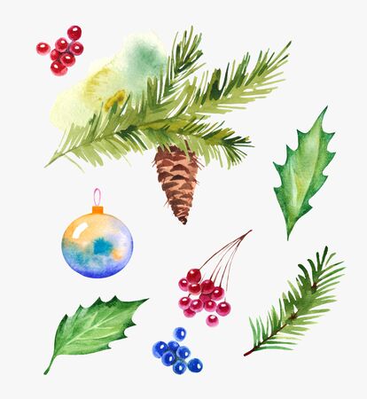 christmas set with spruce branches and cone. design elements for christmas background isolated on whiteの写真素材