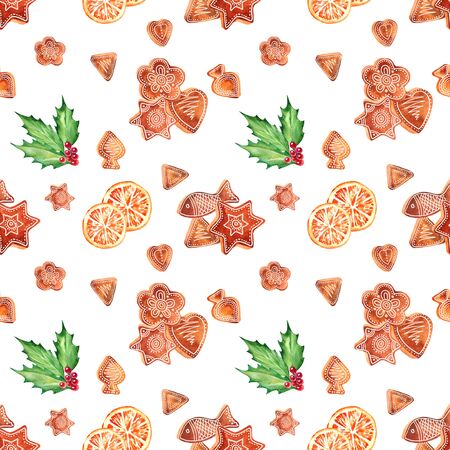 winter seamless pattern with Gingerbread Cookie, mandarin and holly berries watercolor. Christmas holiday background. beautiful decoration for paper and wrappingの写真素材