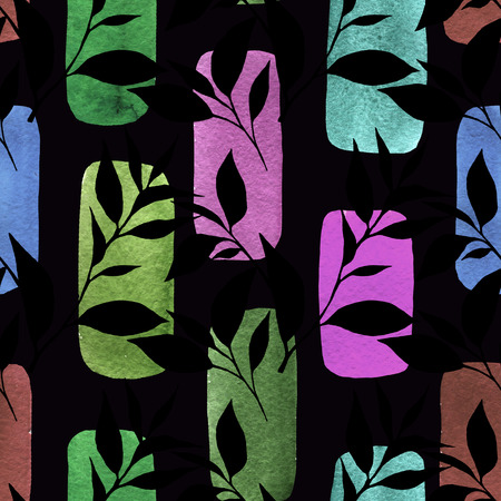 Abstract geometric seamless pattern with colorful blobs and black leaves. Vintage style watercolor background on black. For paper, textile, decoration and wrapping.の写真素材