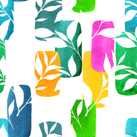 Abstract geometric seamless pattern with colorful blobs and white leaves. Vintage style watercolor background on white. For paper, textile, decoration and wrapping.の写真素材