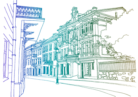 Old street in European city in hand drawn sketch style.のイラスト素材