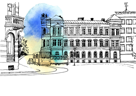 Old street in European city in hand drawn sketch style.のイラスト素材