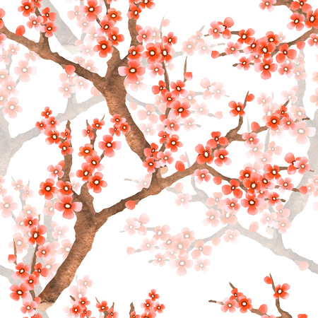 spring floral seamless pattern with flowering sakura in hand drawn watercolor style. Romantic background on whiteの写真素材