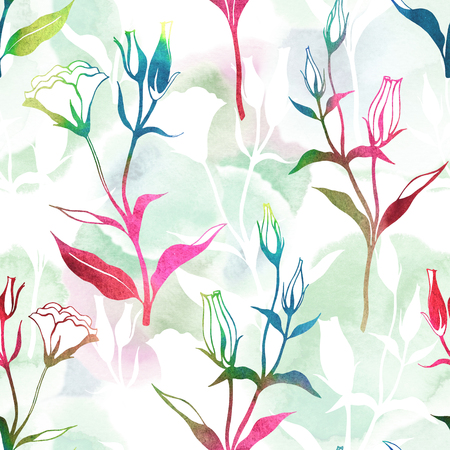 Colorful floral seamless pattern with eustomia flowers in hand drawn watercolor style. Vintage illustration on texture watercolor backgroundの写真素材