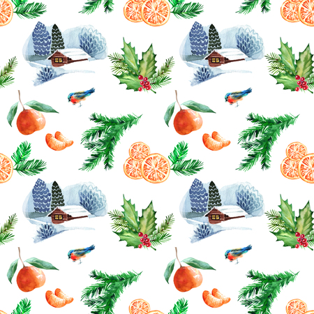 Christmas seamless pattern with spruce branches, berries, candle and tangerine. Hand drawn watercolorの写真素材