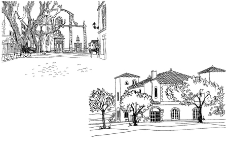 Two old squares in romantic Provence, France. Urban background in hand drawn sketch style. Ink line drawing. Vector illustration on white.	のイラスト素材