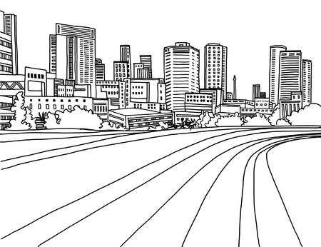 Modern urban landscapes. Hand drawn line sketches. Tel Aviv, Israel. Vector illustration on whiteのイラスト素材