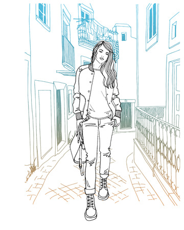 Young walking girl, iold street of Alfama; Lisbon; Portugal; pretty fashionable woman, line sketch, full body girl, girl dressed in a jacket and jeans, casual style. White backgroundのイラスト素材