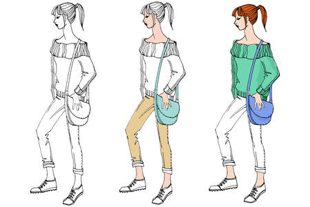 Cute fashion girls in hand drawn sketch style. One person in clothes of different colors. Fashion vector illustration on whiteのイラスト素材