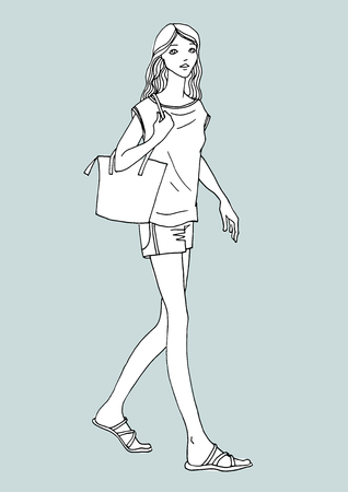 Cute travel girl with bag in hand drawn sketch style. Fashion vector illustration on grayのイラスト素材