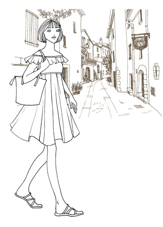 Cute travel girl with bag in hand drawn sketch style. Fashion vector illustration on old street sketch backgroundのイラスト素材