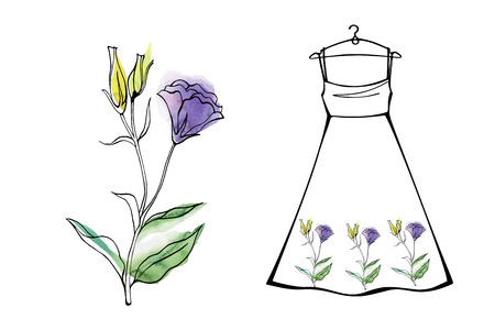 Summer dress template in hand drawn sketch style. Trendy dress with floral black and white print on watercolor  backgroundのイラスト素材