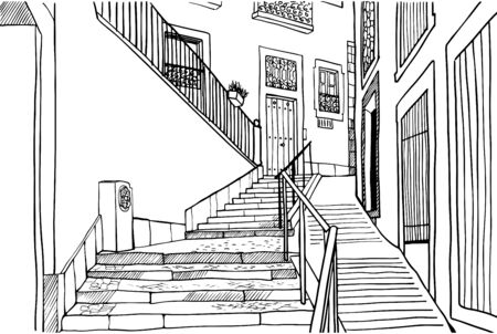 Steps up. Urban background in hand drawn sketch style. Old street in romantic Alfama, Lisbon, Portugal. Ink line drawing. Vector illustration on white.のイラスト素材