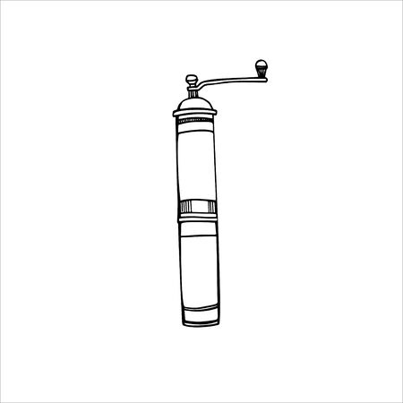 Old coffee grinder sketch. Hand drawn illustration. Line art. Vintage coffee mills vector illustration. Isolated on white background.のイラスト素材