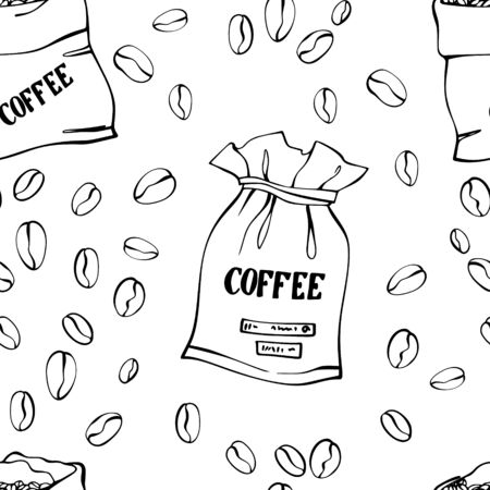 Coffee beans and coffee bags seamless pattern. Canvas and paper bags with coffee beans. Isolated on white. Traditional coffe package. Hand drawn style. Line art sketh. Vector illustrationのイラスト素材