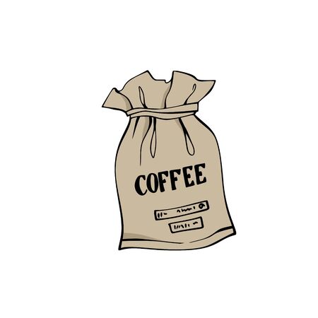 Canvas bag with coffee beans. Isolated on white. Traditional coffe package. Hand drawn style. Line art sketh. Colorful vector illustrationのイラスト素材