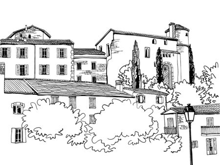 Fine view of an ancient fortress in romantic Provence, France. Urban background in hand drawn sketch style. Ink line drawing. Black and white Vector illustration on white.のイラスト素材
