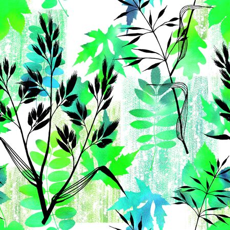 Floral seamless pattern with leaves and grass in hand drawing line sketch style, colorful illustration on grunge texture backgroundの写真素材