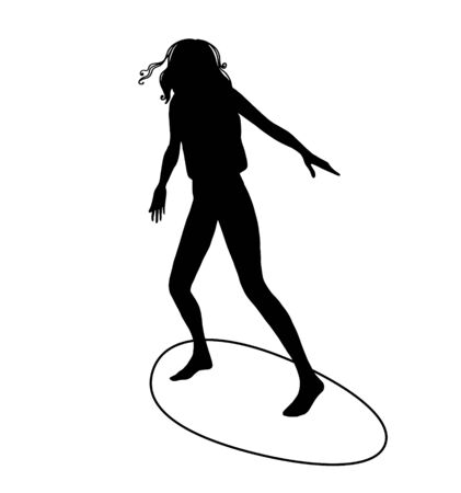 Cute girl surfing on surfboard. Hand drawn illustration. Black silhouette on white background. Isolated. Summer surf lifestyleのイラスト素材