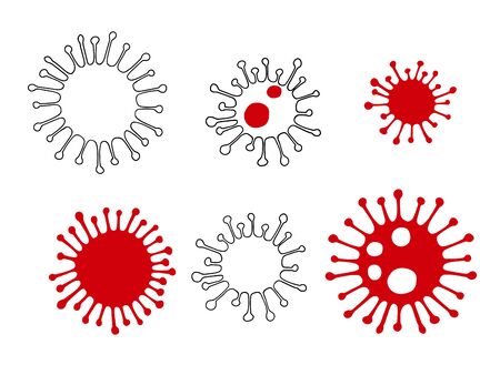 Coronavirus bacteria icons. Hand drawn sketch style. Stop epidemic. Danger. Red, black and white vector elements on white.のイラスト素材