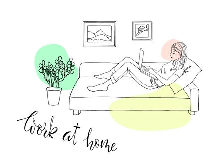 Line art. The girl works at home because of quarantine. Hand drawn sketch. Girl sitting in a chair with a laptop. Freelancer works from home. The danger of coronavirus. Everyone should stay homeのイラスト素材