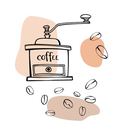Grinder and coffee beans. Hand drawn line art sketch. Black and white vector illustration on colorful blobs background.のイラスト素材