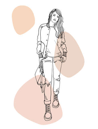 Young walking girl, hand drawn image, pretty fashionable woman, business woman, line sketch, full body girl, girl dressed in a jacket and jeans, casual style. Vector illustration on sepia blobs.のイラスト素材