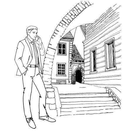 Business man talking on the phone. Casual style. Hand drawn line sketch. Vector illustration. Old street of Vilnius, Lithuania. Urban background. Cityscape sketch. Line art. Architecture. Arch.のイラスト素材