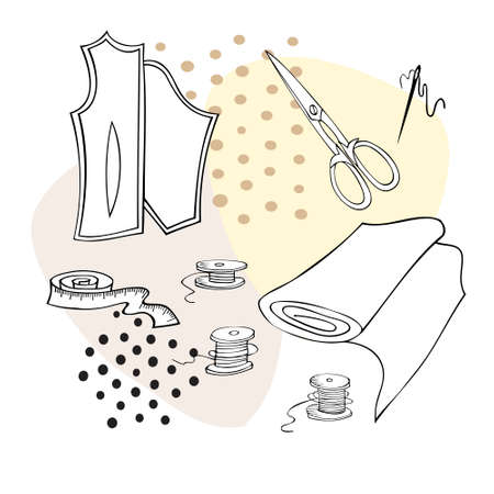 Sewing set with sewing accessories. Instruments for dressmaking. Vector illustration on white background.のイラスト素材
