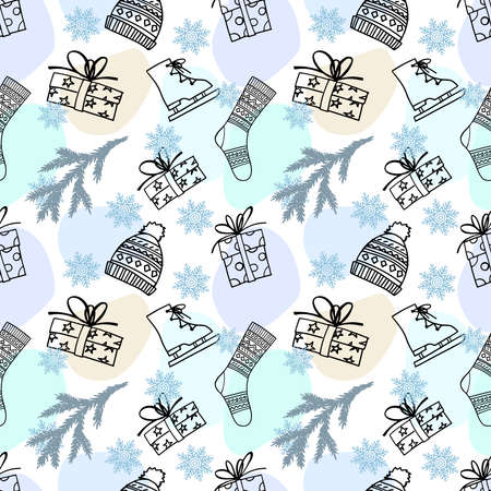 Christmas seamless pattern with holiday gifts. Hand drawn sketch style. Line art. Winter background...