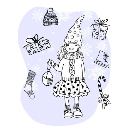 Young scandinavian girl enjoys winter and waits for Christmas. The girl has a flashlight in her hands. Hand drawn sketch. Line art. Vector illustration on snowy background. White snowflakes on blueのイラスト素材