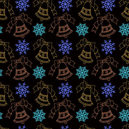 Christmas seamless pattern with holiday bells and snowflakes. Hand drawn sketch style. Line art. Winter background for paper, decoration and wrapping.のイラスト素材