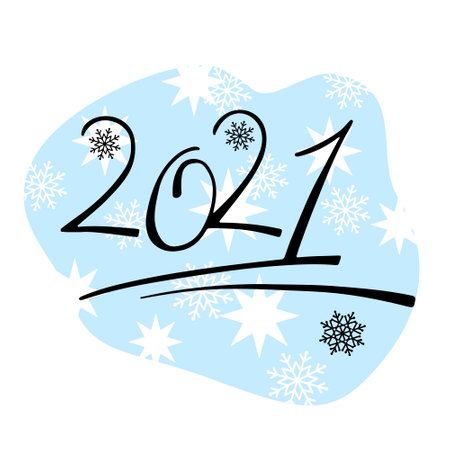 Happy New Year 2021. Hand drawn sketch style. Vector illustration on snowflake background.のイラスト素材
