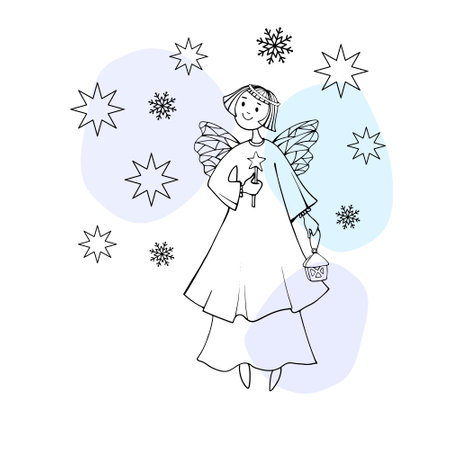 Cute Christmas angel on a background of stars and snowflakes. The girl has a flashlight in her hands. Hand drawn sketch. Line art. Vector illustration on snowy background.のイラスト素材